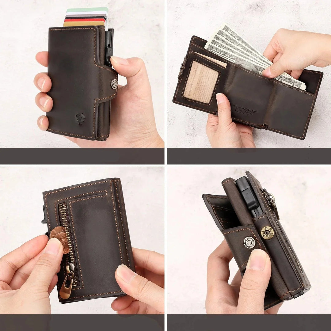 Gros plan sur le portefeuille homme en cuir noir, révélant la texture du cuir et le bouton automatique