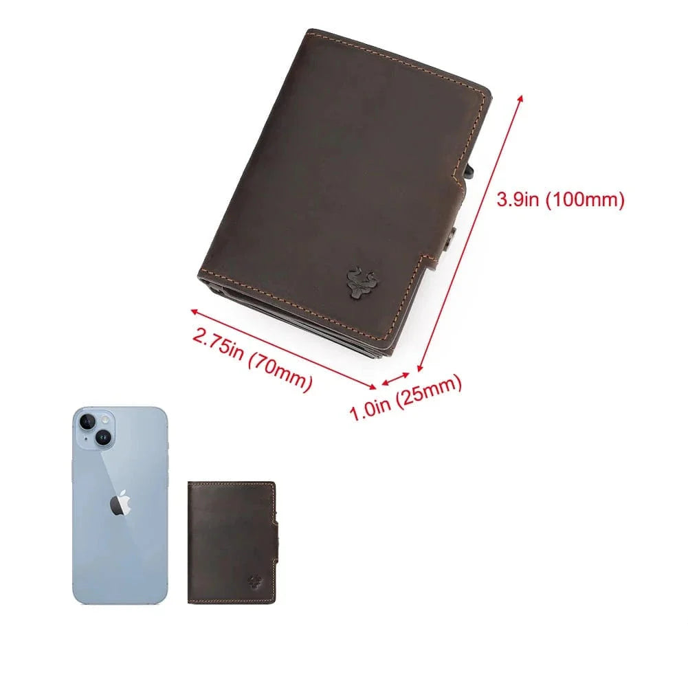 Portefeuille anti-RFID pour homme, en cuir noir, montrant la fonction automatique d'éjection des cartes