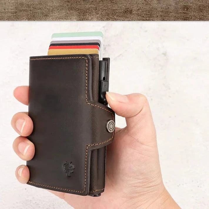 Vue intérieure du portefeuille homme automatique anti-RFID, avec compartiments pour billets et cartes