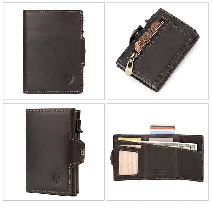 Porte-cartes sécurisé noir en cuir véritable, idéal comme cadeau homme, avec protection RFID automatique