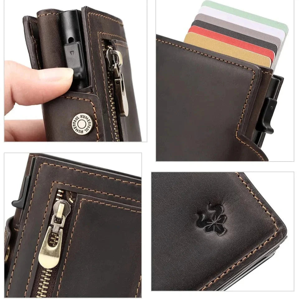 Portefeuille homme ultra fin en cuir noir, anti-RFID, automatique, parfait pour poche discrète