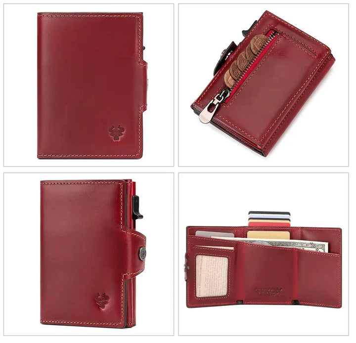 Détail du système automatique d'éjection de cartes sur un portefeuille homme en cuir noir anti-RFID