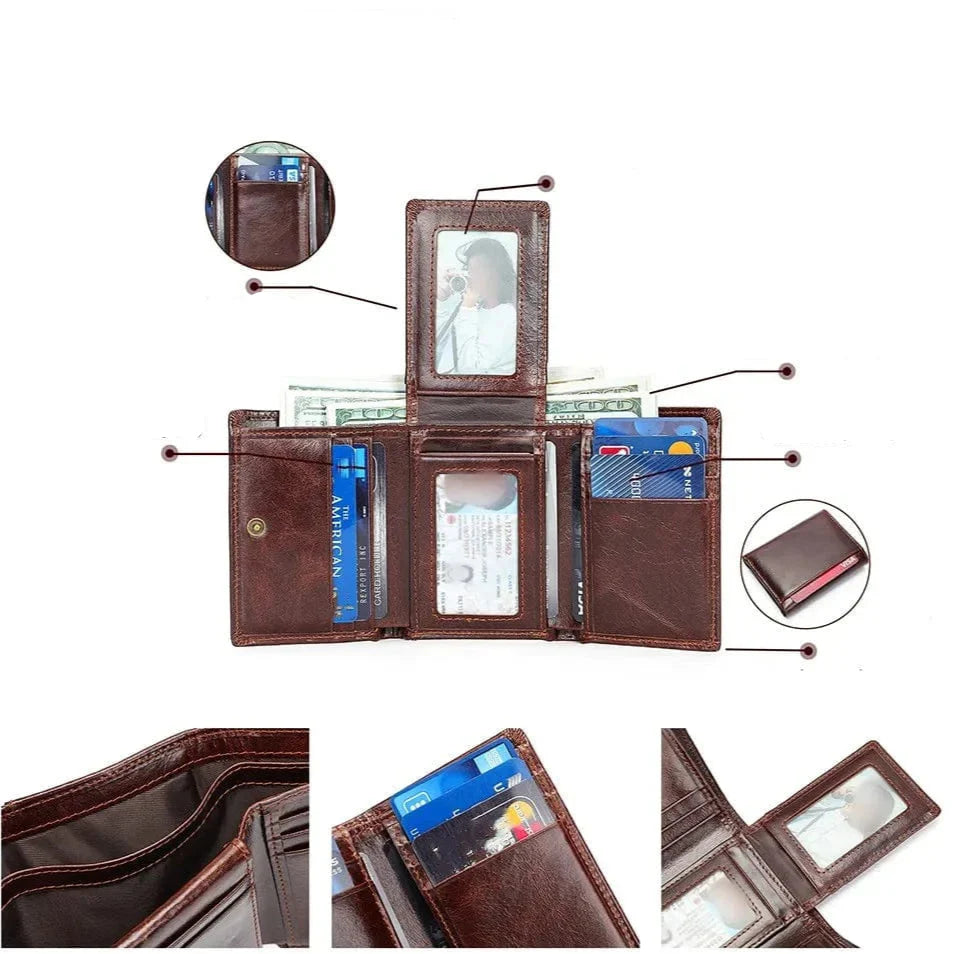 Portefeuille homme en cuir véritable noir, protection RFID, présenté sur une surface en bois clair.