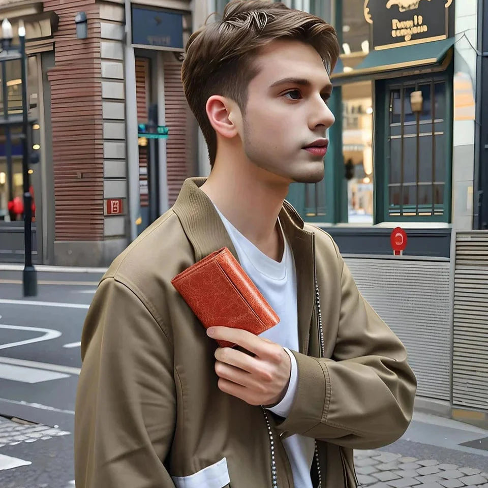 Portefeuille homme compact noir en cuir, protection RFID, vide, montrant sa finesse et ses détails.