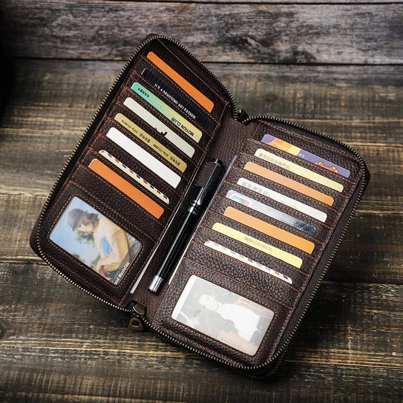 Portefeuille en cuir marron foncé pour homme, design 3 volets, avec plusieurs compartiments