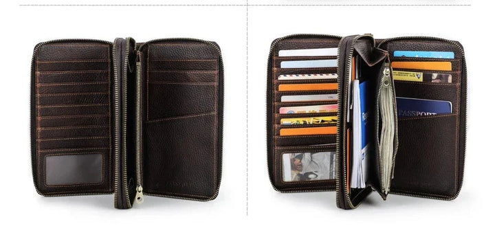 Portefeuille homme en cuir épais noir, 3 volets, présentant des coutures robustes