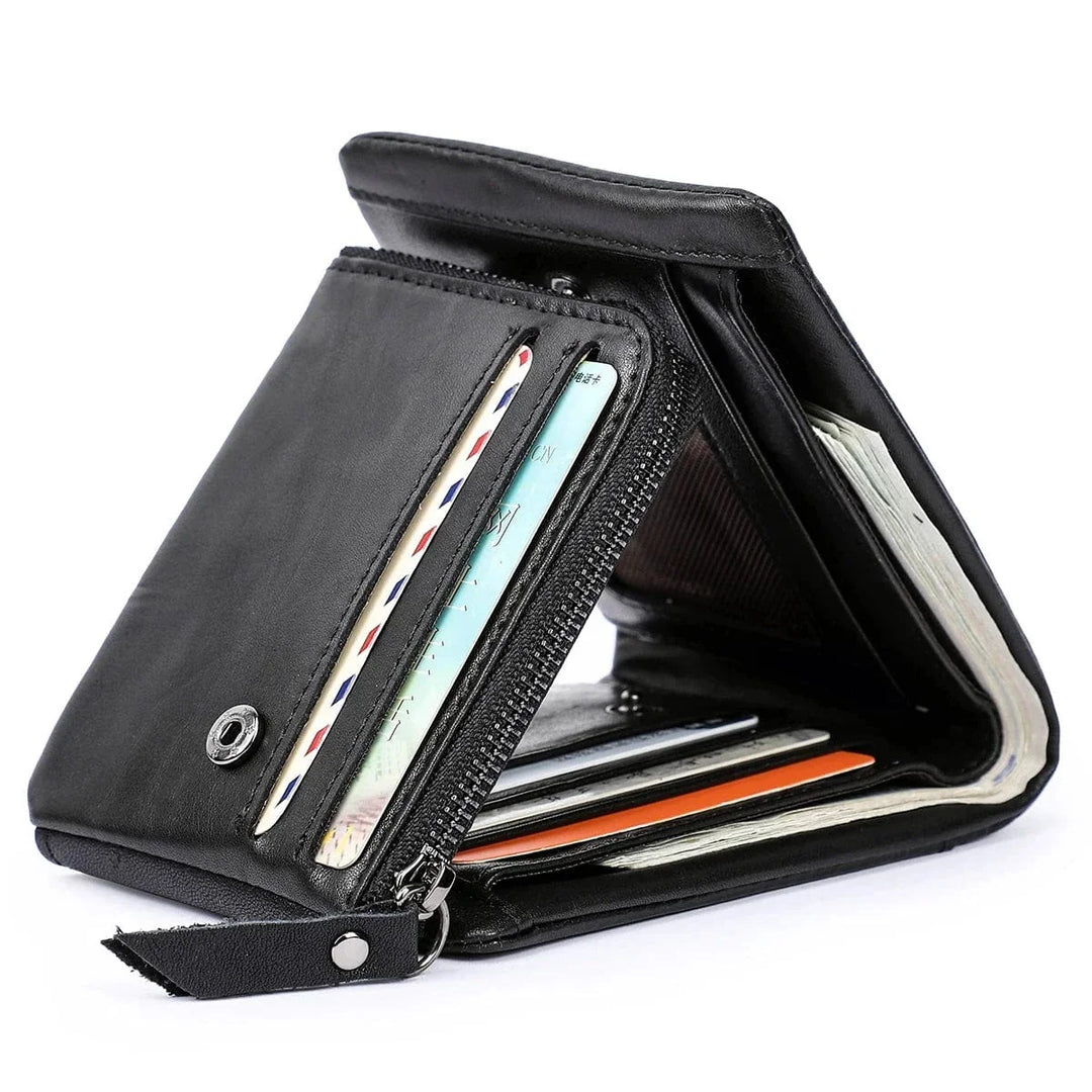 Portefeuille homme noir trifold ouvert, montrant les emplacements pour cartes et billets, cuir véritable