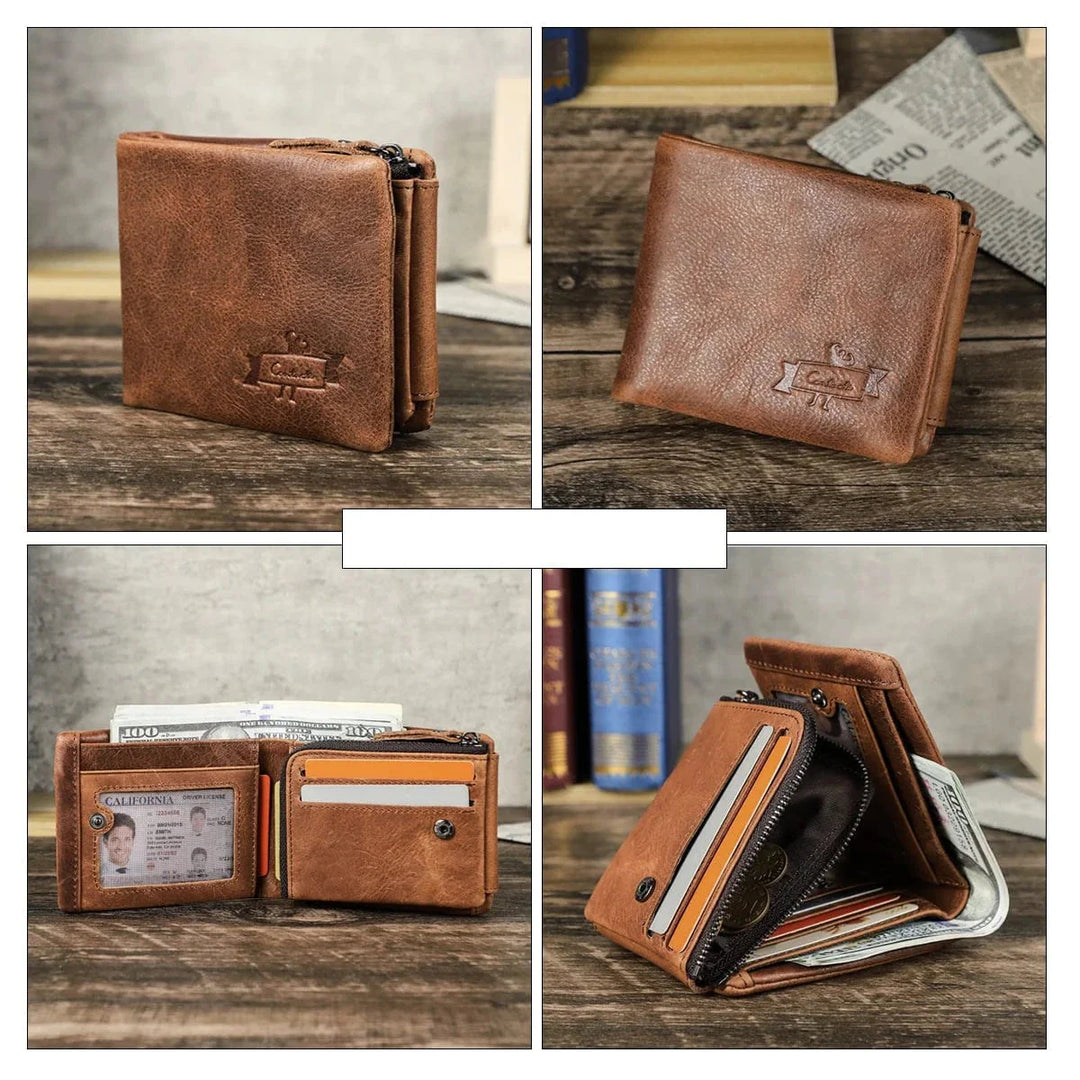 Portefeuille compact trifold en cuir véritable, accessoire de maroquinerie essentiel pour homme