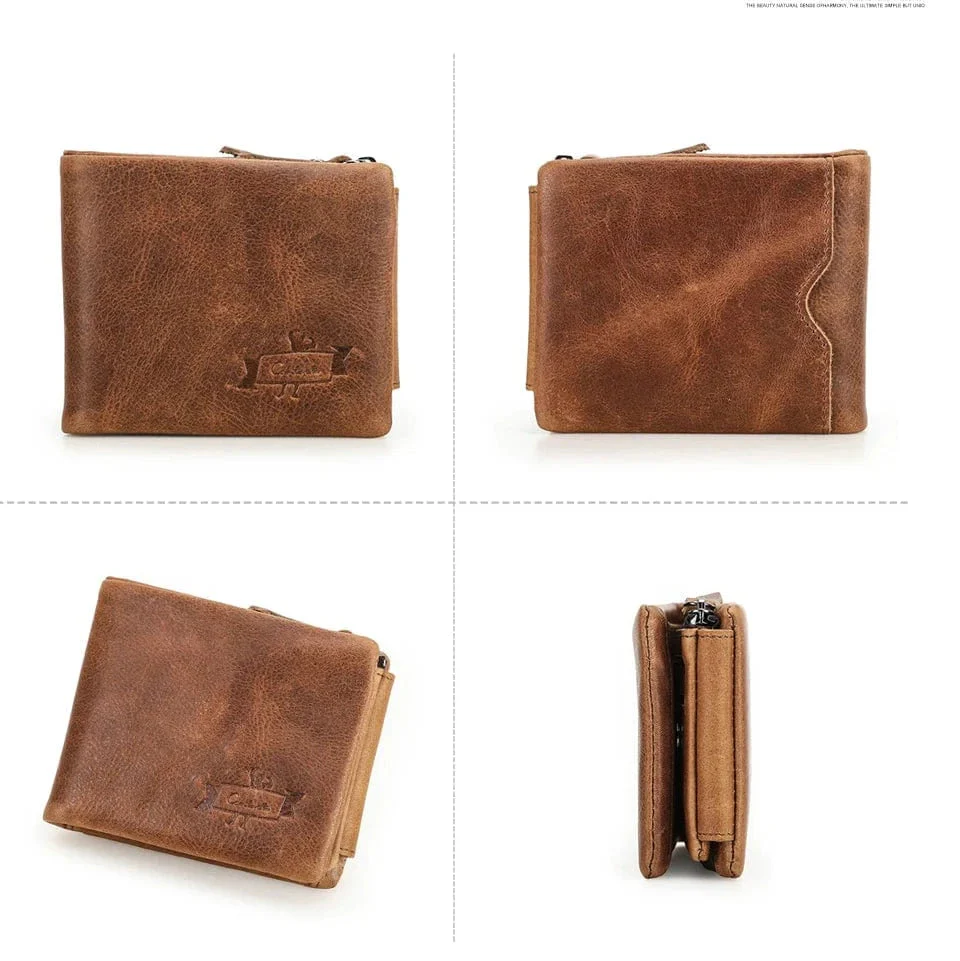 Intérieur d'un portefeuille homme en cuir trifold couleur café, avec compartiments multiples, porte-monnaie