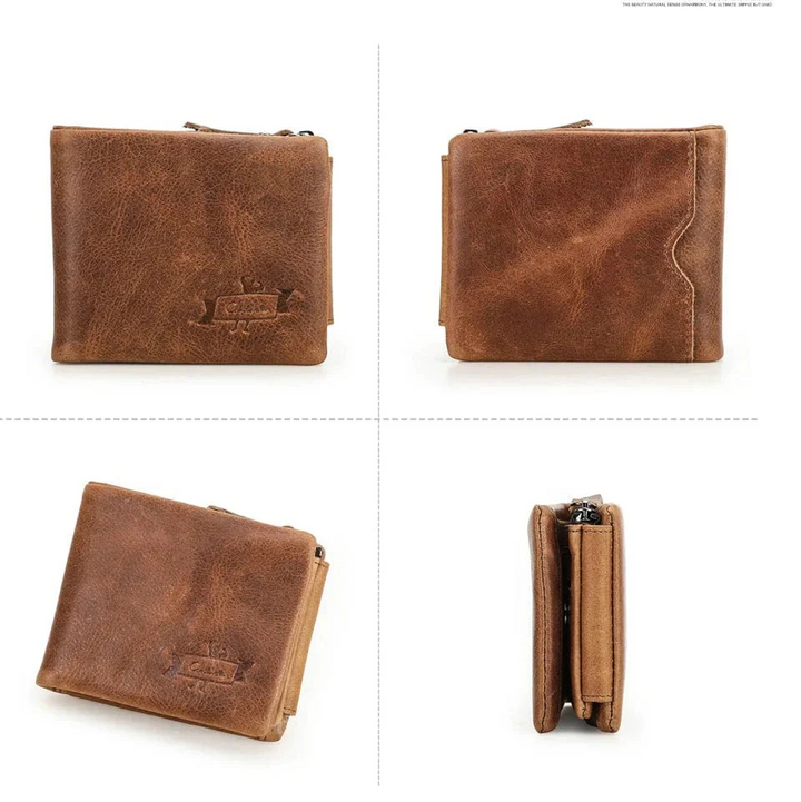 Intérieur d'un portefeuille homme en cuir trifold couleur café, avec compartiments multiples, porte-monnaie