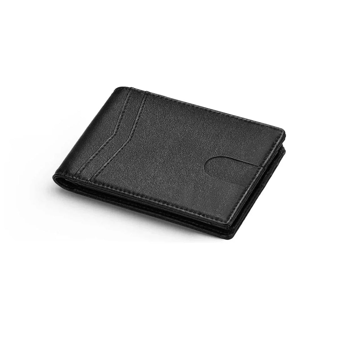 Portefeuille homme ultra-mince en cuir PU noir, protection RFID, compact et élégant pour cartes.