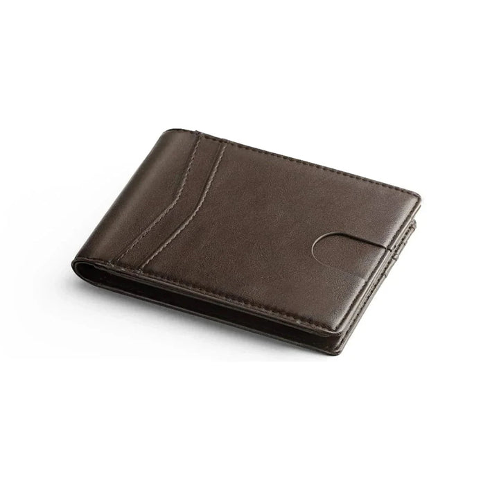 Portefeuille mince RFID pour homme en cuir PU marron, accessoire sécurisé, design élégant et discret.