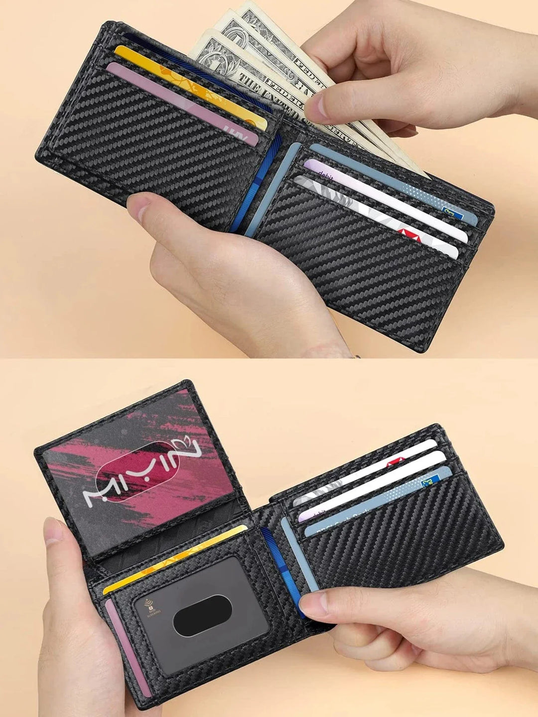Gros plan d'un portefeuille homme ultra-mince RFID, texture du cuir PU, détail des coutures.