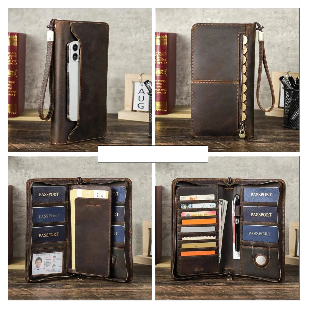 Portefeuille homme en cuir café zippé, accessoire de voyage pratique avec compartiments internes.
