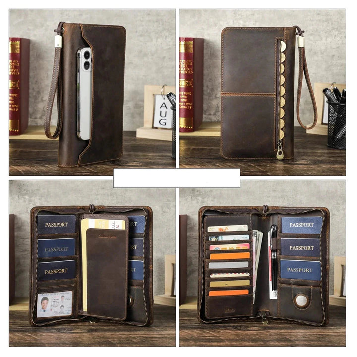 Portefeuille homme en cuir café zippé, accessoire de voyage pratique avec compartiments internes.