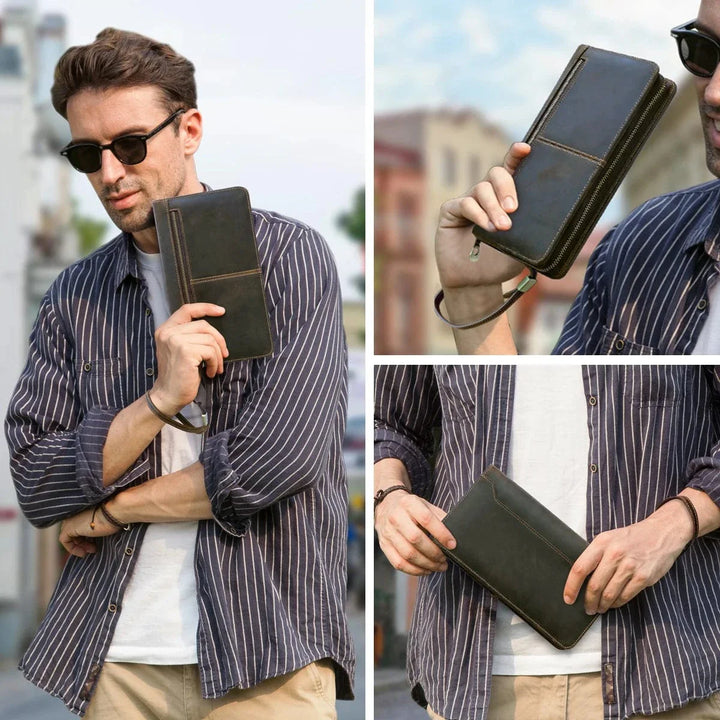 Gros plan d'un portefeuille homme en cuir véritable zippé, texture de cuir et coutures apparentes.