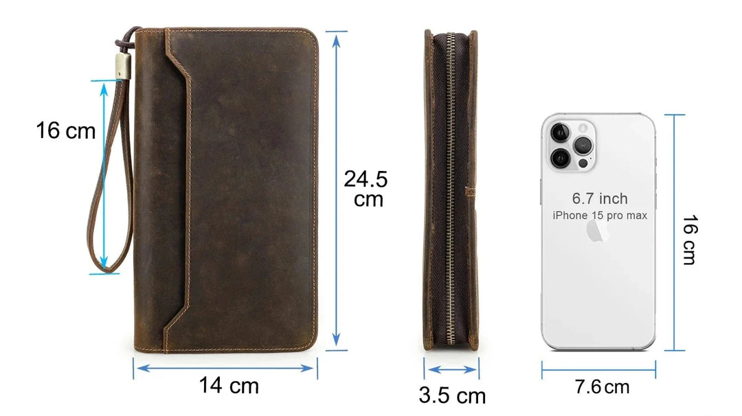 Portefeuille homme zippé en cuir couleur café, design compact et sécurisé pour cartes et billets.