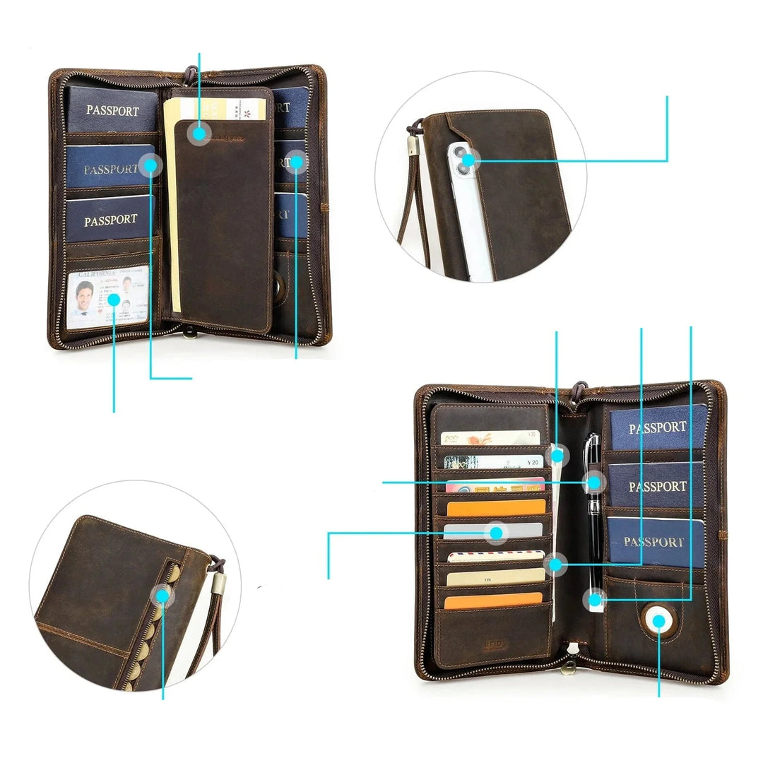 Portefeuille homme élégant en cuir zippé, idéal comme accessoire de voyage ou pour le quotidien.