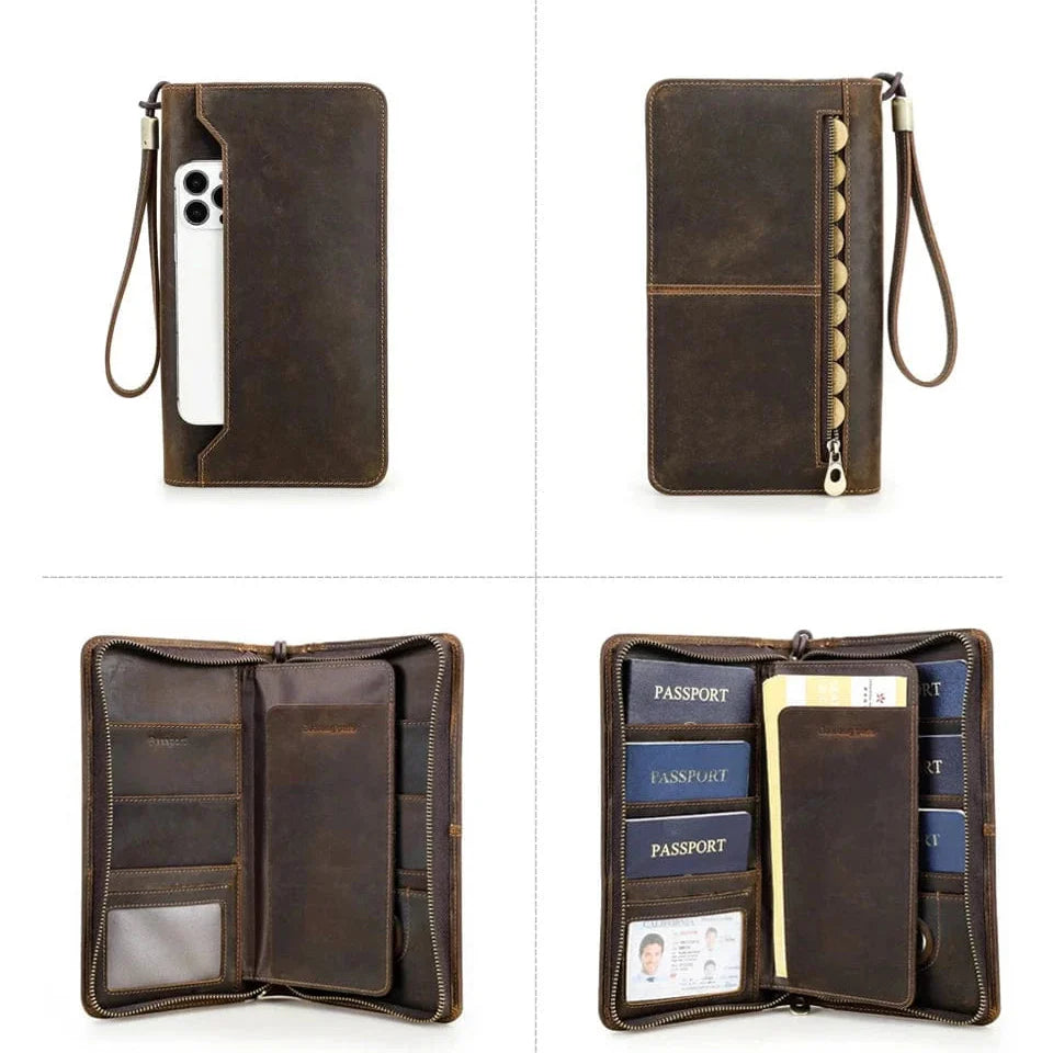 Intérieur ouvert d'un portefeuille homme zippé en cuir, montrant les compartiments pour cartes et monnaie.