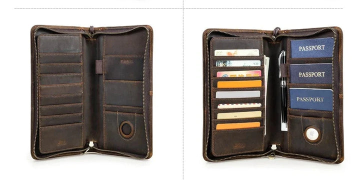 Portefeuille en cuir véritable marron zippé pour homme, un accessoire pratique et élégant.