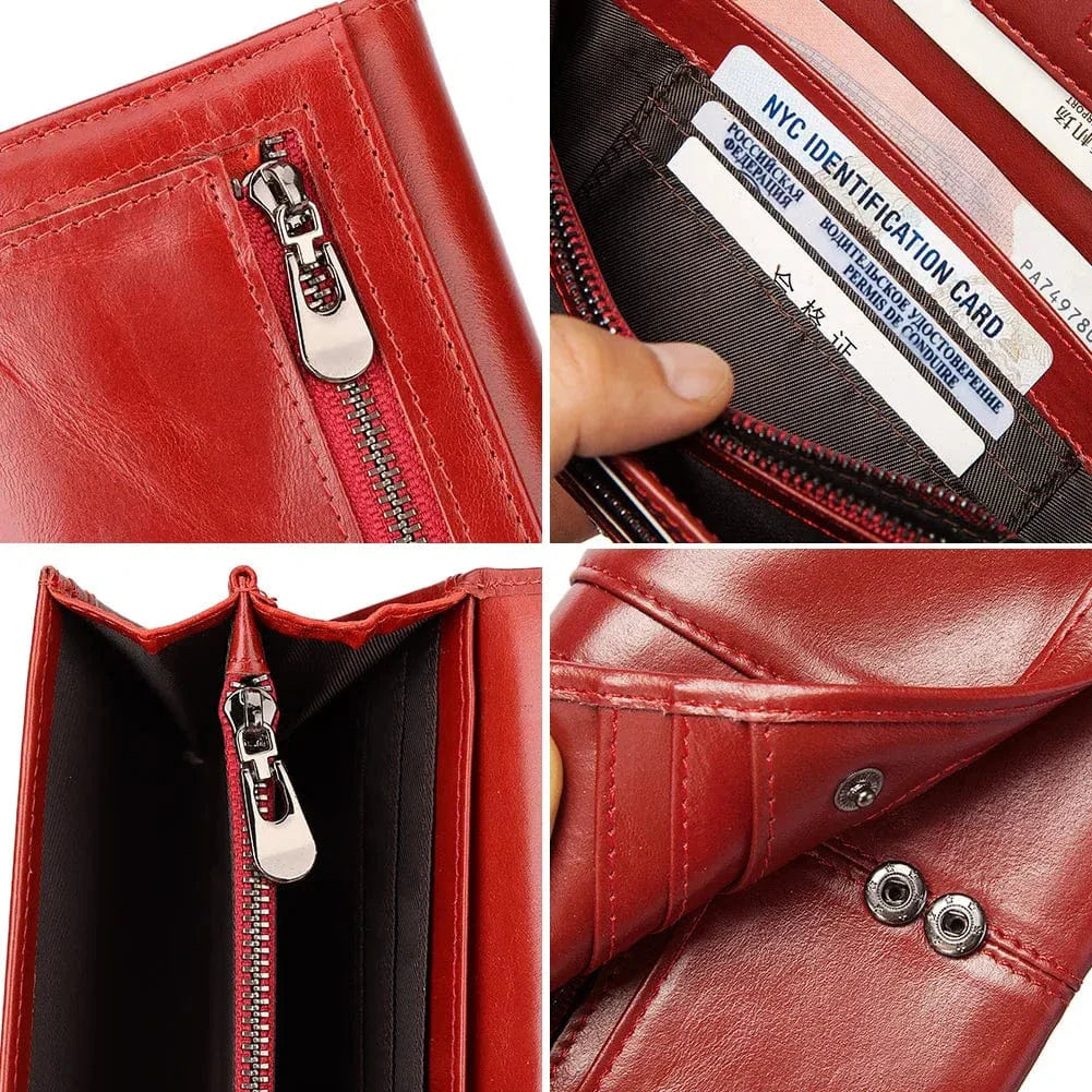 Portefeuille en cuir de vachette pour femmes, design épuré, couleurs variées, avec technologie RFID