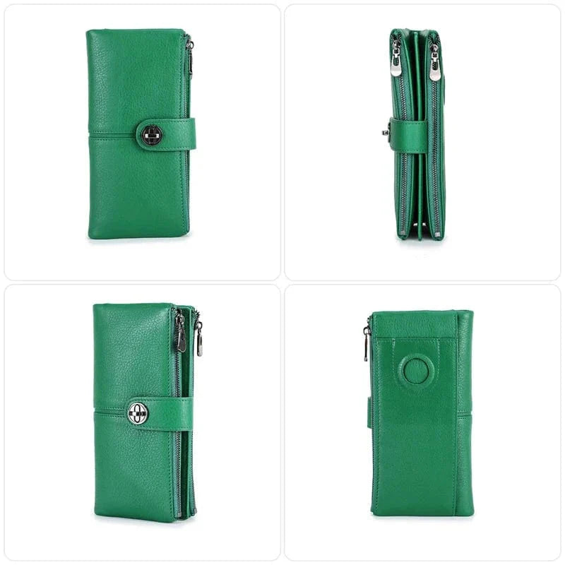 Portefeuille long élégant en cuir véritable noir pour femme avec fermeture éclair autour et multiples compartiments