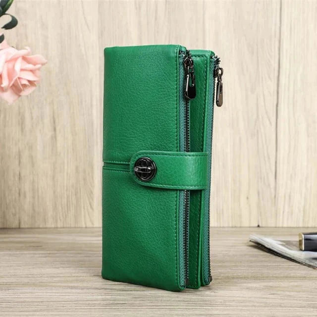 Portefeuille femme bifold en cuir véritable, format long, zippé pour une sécurité accrue des effets personnels