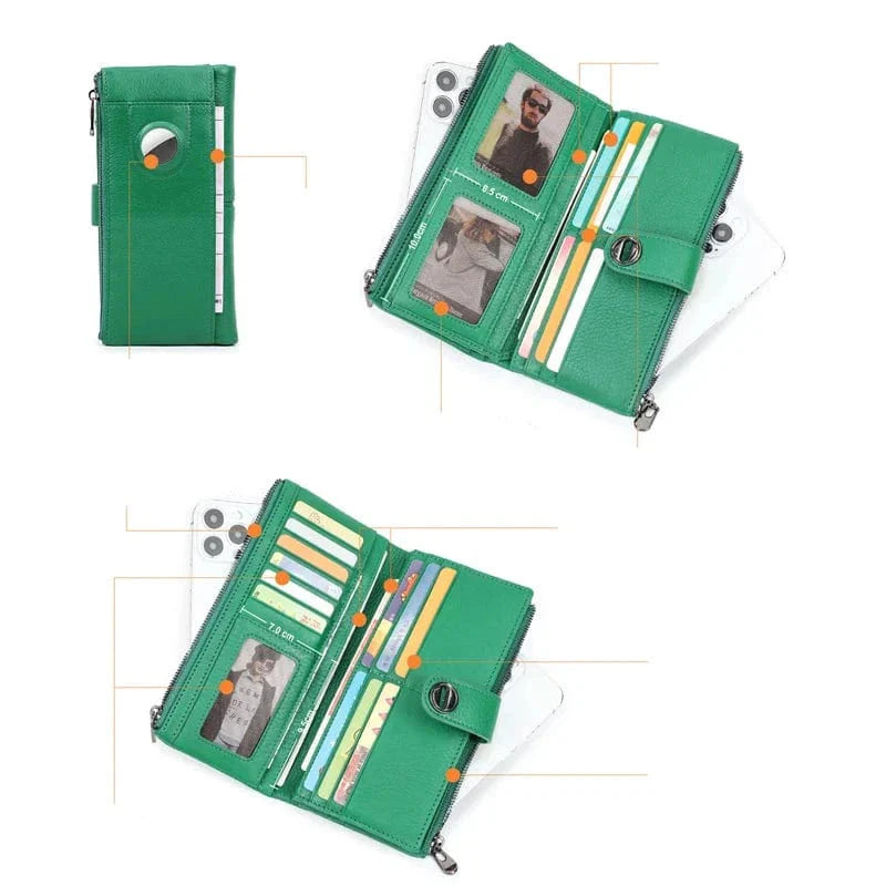 Portefeuille femme chic en cuir bleu marine, doté de nombreuses fentes pour cartes et d'une poche zippée