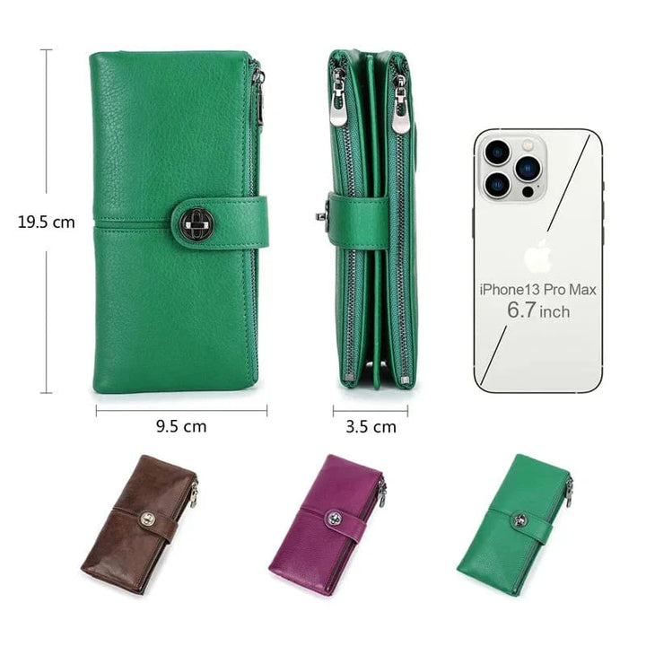 Vue ouverte d'un portefeuille organisateur en cuir véritable beige, montrant les emplacements pour cartes et billets