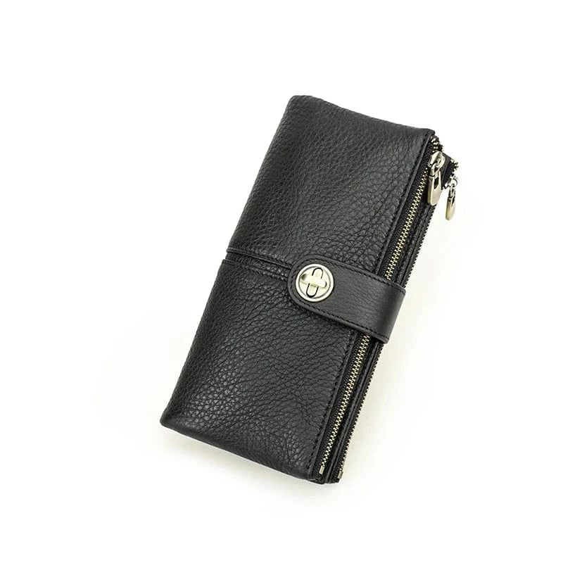 Produit de mode: portefeuille long en cuir noir classique et durable pour femme, avec détails soignés
