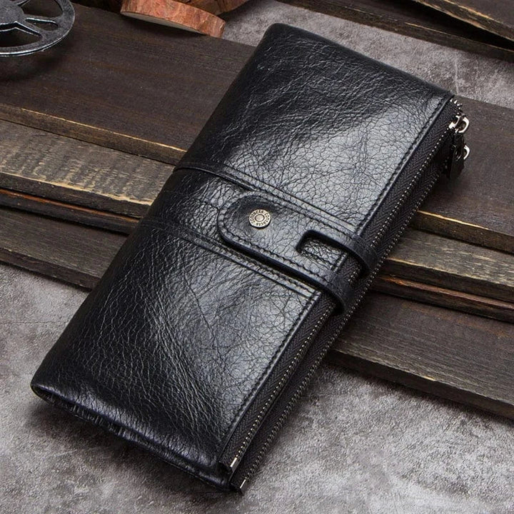 Portefeuille long élégant pour homme en cuir véritable marron foncé, vue frontale.