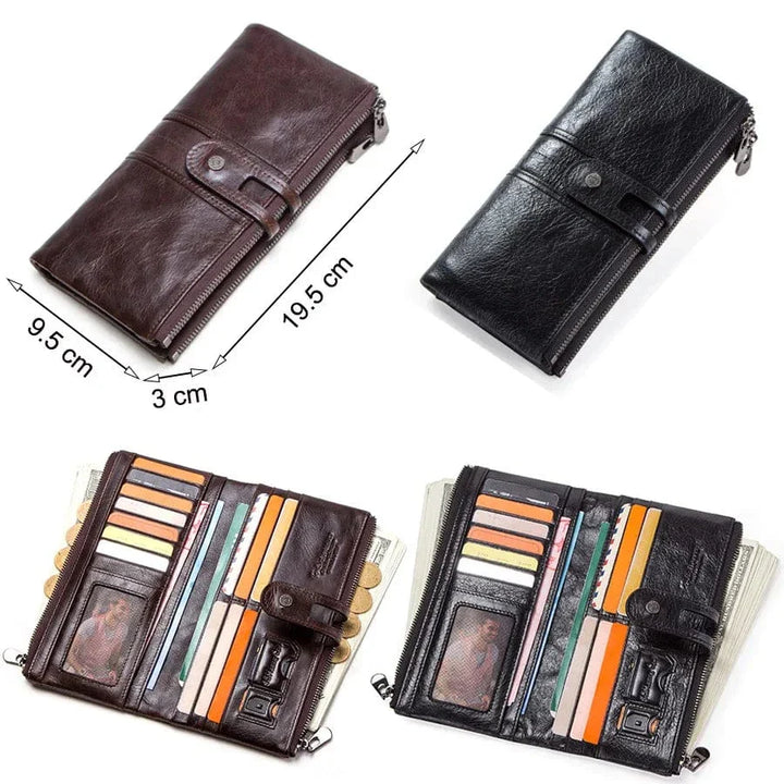 Portefeuille long en cuir marron grainé pour homme, avec compartiment zippé pour la monnaie.