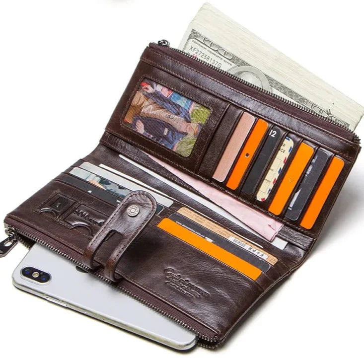 Portefeuille homme en cuir véritable bifold, style classique et élégant, couleur fauve.