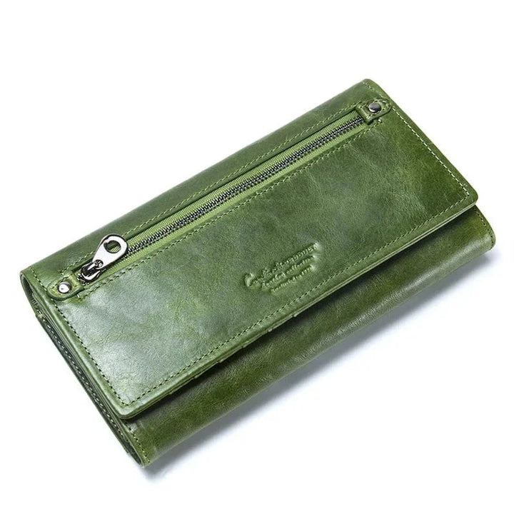 Portefeuille long prune en cuir véritable pour femmes, chic et organisé, avec compartiments cartes et téléphone