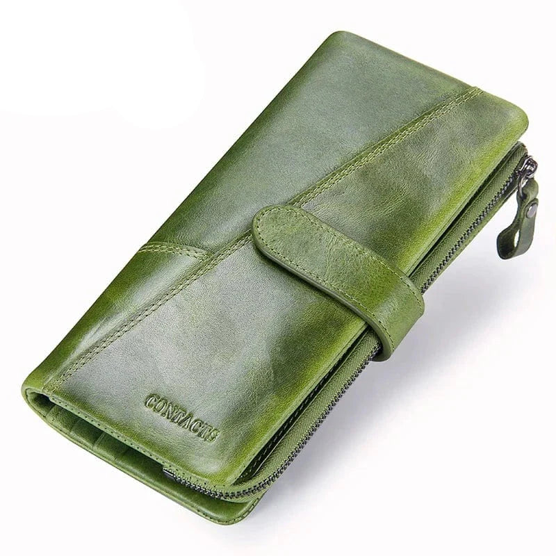 Portefeuille zippé femme en cuir véritable noir, élégant et sécurisé avec compartiments multiples.