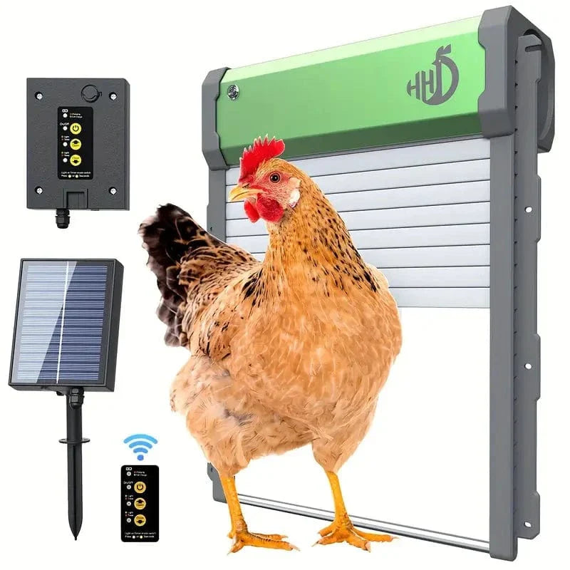 Portier solaire automatique pour poulailler.  Ouverture/fermeture programmable, sécurité renforcée, énergie solaire.