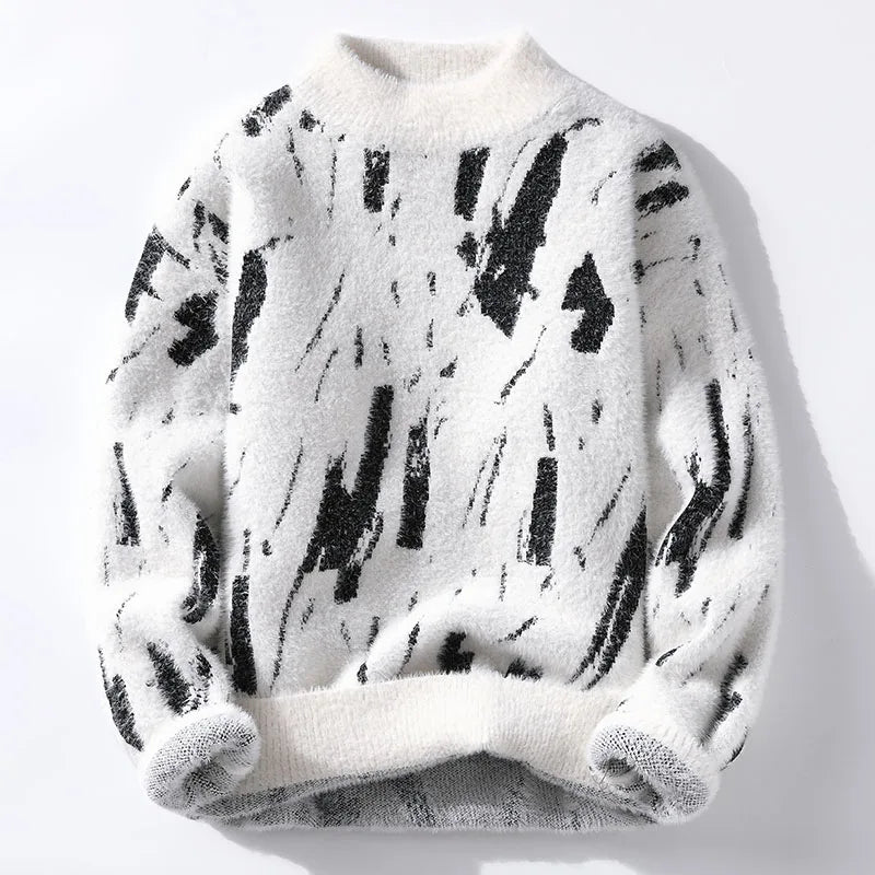 Pull abstrait homme, motif unique, style moderne. Chandail élégant et confortable pour la mode masculine hivernale décontractée.