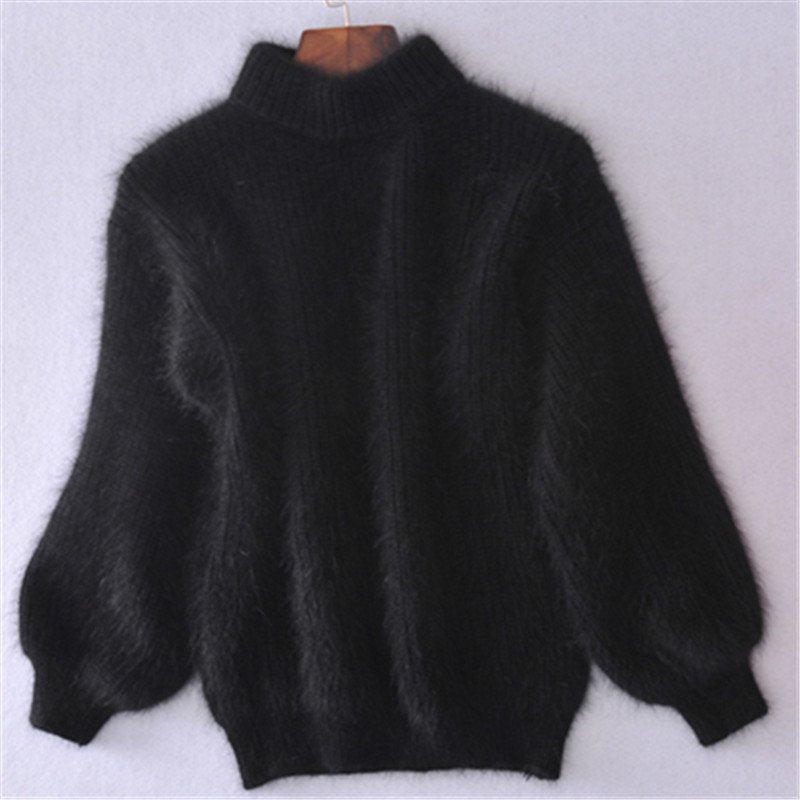 "Pull angora femme, style vintage, tricot doux, coupe décontractée, couleur bleu, chaleur et confort élégant"