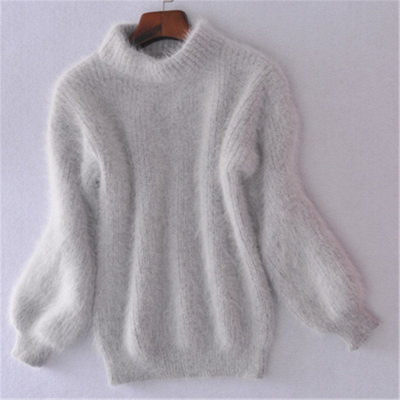 "Pull angora femme, style vintage, tricot doux, coupe décontractée, couleur bleu, chaleur et confort élégant"