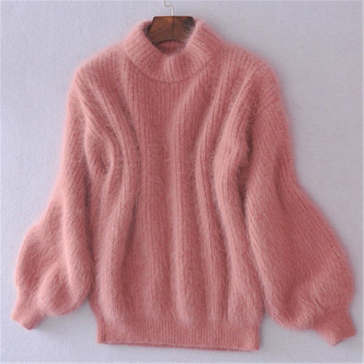 "Pull angora femme, style vintage, tricot doux, coupe décontractée, couleur bleu, chaleur et confort élégant"