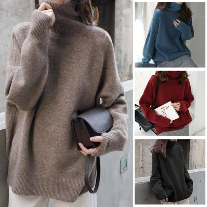Élégant pull ample femme à col roulé, idéal pour un look décontracté chic en automne et hiver.