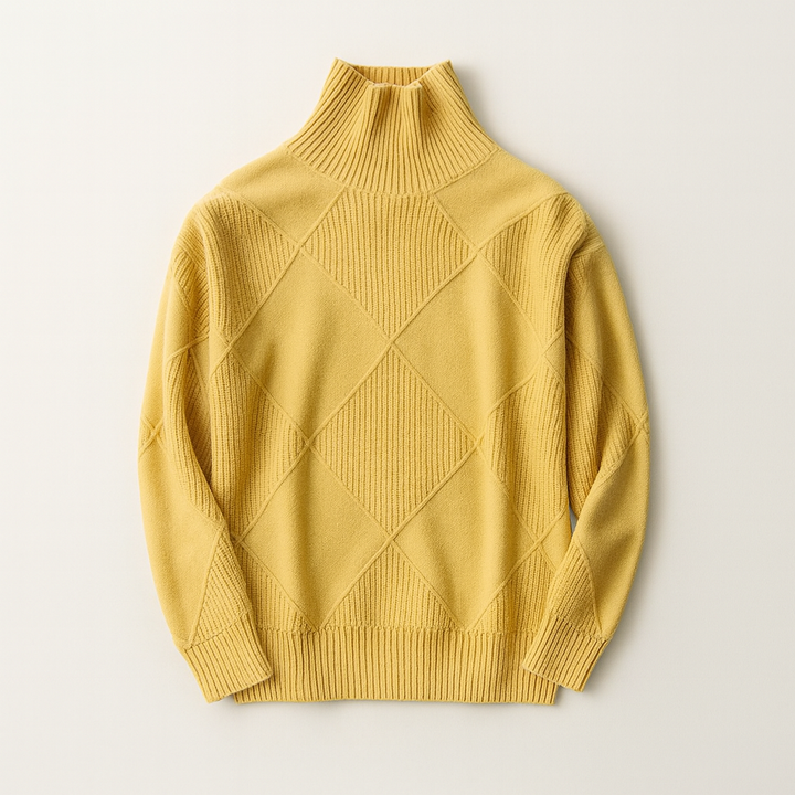 Vue détaillée d'un pull col roulé femme en tricot ultra-doux. Chaleur hivernale, style mode et confort.