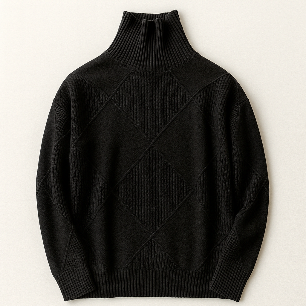 Modèle portant un pull col roulé femme doux et chaud. Tricot élégant, parfait pour la mode et le confort hivernal.