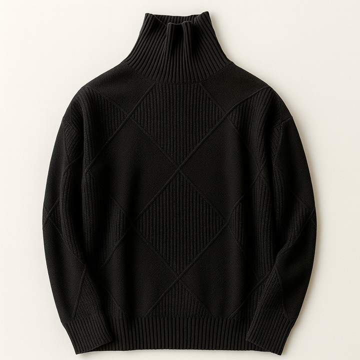Modèle portant un pull col roulé femme doux et chaud. Tricot élégant, parfait pour la mode et le confort hivernal.