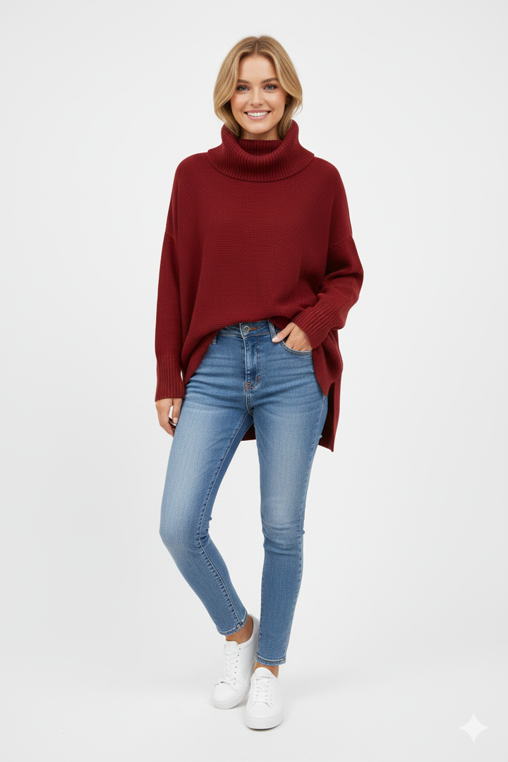 Détail du pull oversize femme en maille ultra-douce, col roulé chic. Idéal pour un confort hivernal élégant.