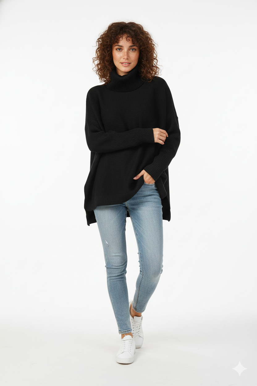 Pull femme oversize col roulé, pièce polyvalente et tendance. Parfait pour un look décontracté ou élégant.