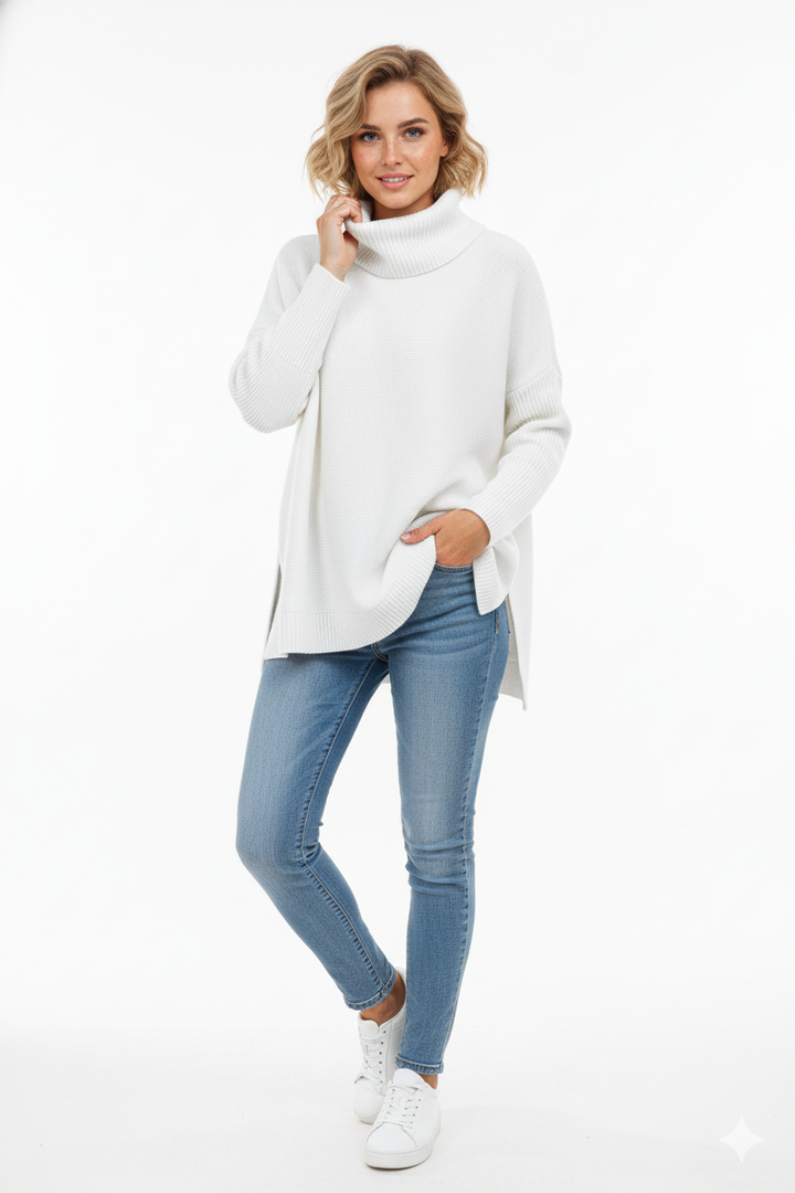 Vue rapprochée de la maille douce et texturée du pull col roulé oversize femme. Confort et qualité assurés.