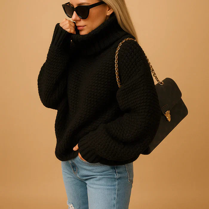 Pull femme chaud et confortable Hyacinth en maille. Vêtement d'hiver polyvalent et chic pour un look mode.