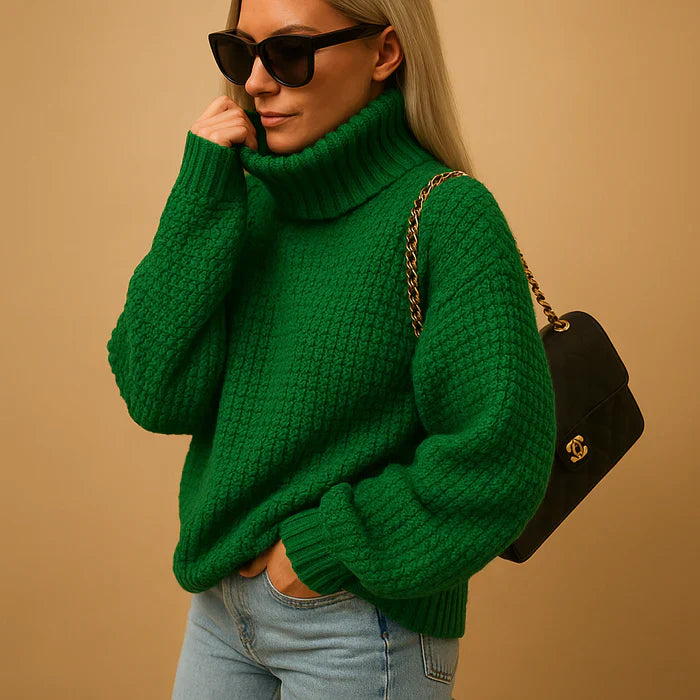 Mannequin en pull col roulé femme Hyacinth. Ce haut hivernal élégant est chaud, confortable et décontracté.