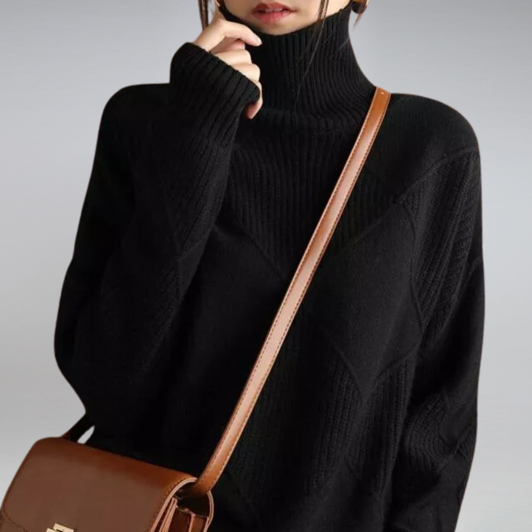Pull femme doux à col roulé, élégant et chaud pour l'hiver. Chandail confortable avec un motif losange discret, mode féminine.